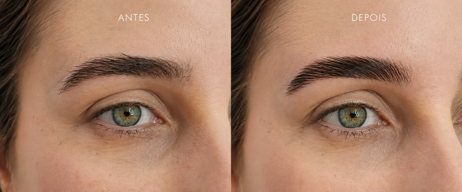Antes e depois de brow lamination: fios desalinhados à esquerda e sobrancelha alinhada e preenchida à direita