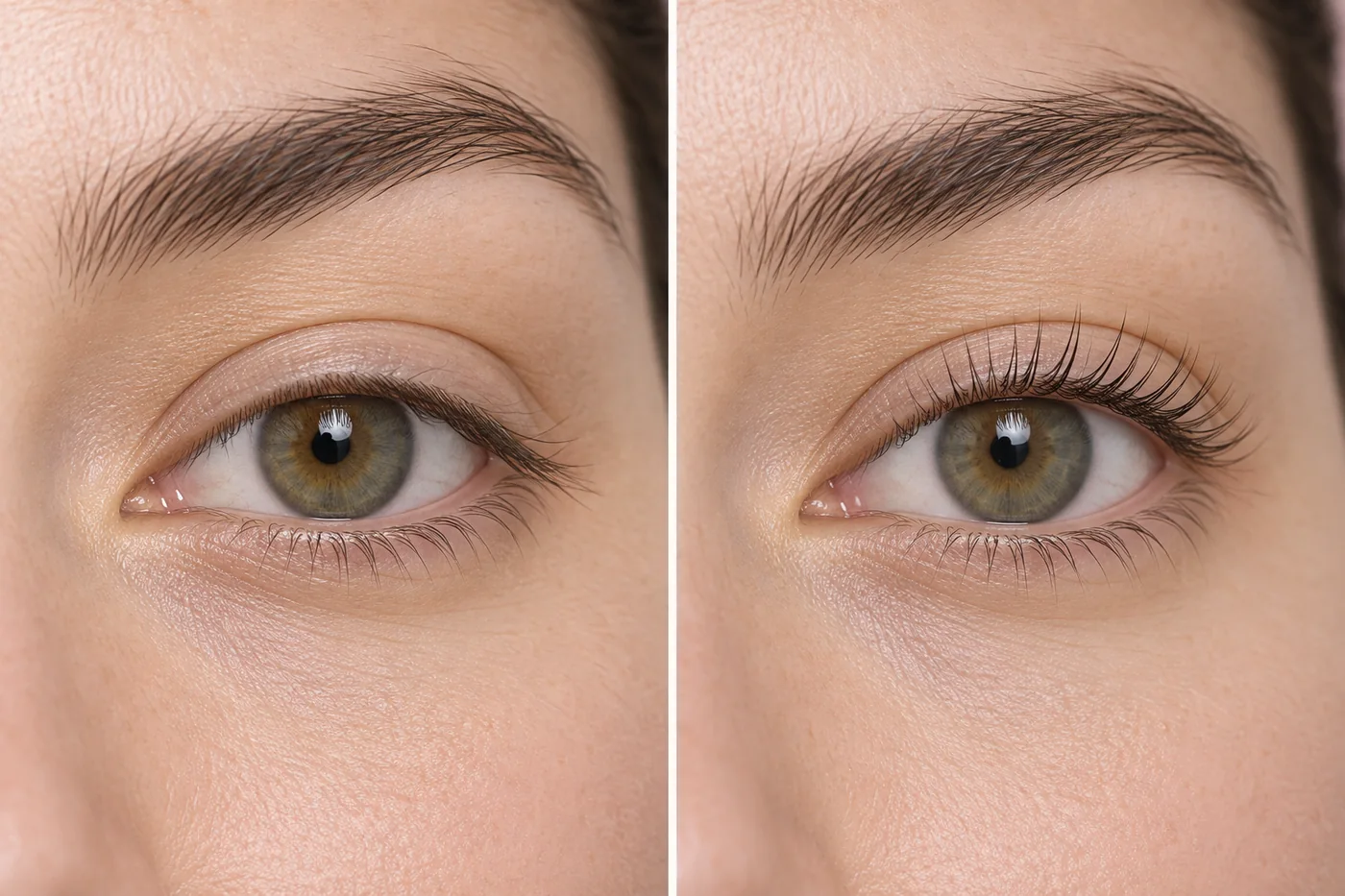 Antes e depois de lash lifting: cílios retos à esquerda e curvados à direita